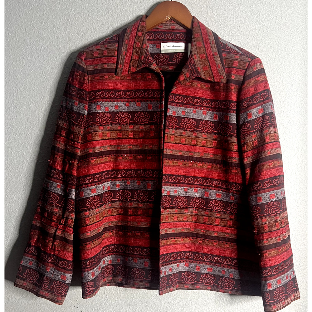 Alfred Dunner Womens 16P Blazer Red Whimsical Striped Print Lined Open Blazer